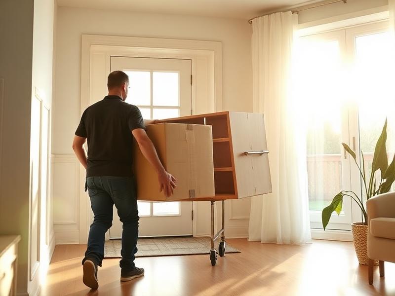 Moving professionals carrying packed boxes through a bright home