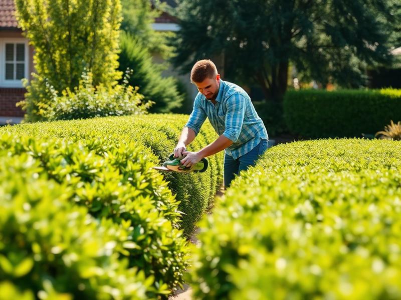 Two gardening professionals maintaining a lush residential garden