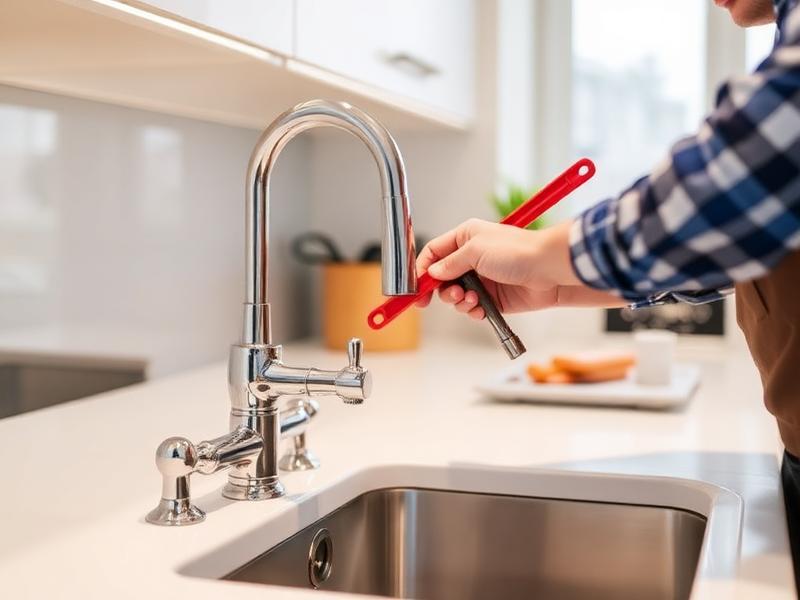 Plumber repairing pipework beneath a modern sink