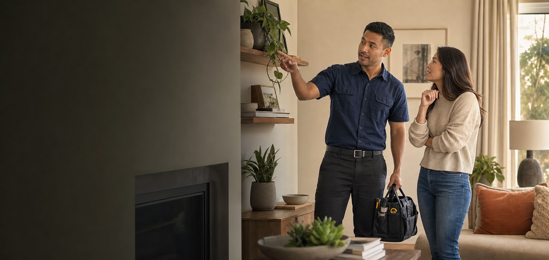 A HandyNest professional reviewing a finished home project with a homeowner