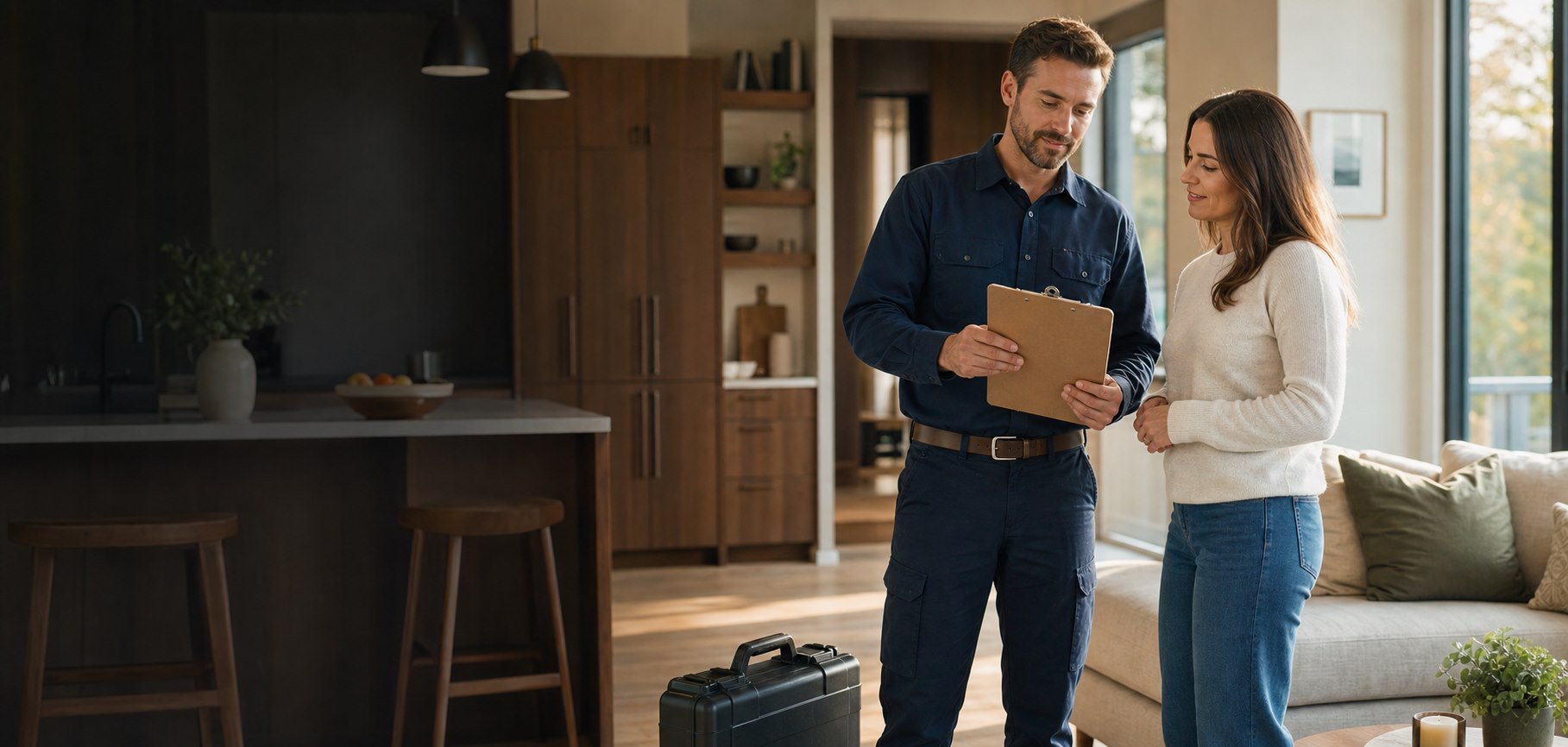 A HandyNest professional reviewing an ongoing home-care plan with a homeowner