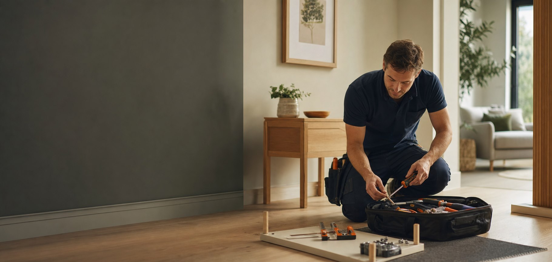 A HandyNest professional preparing tools for a home assembly project